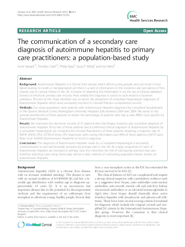 The communication of a secondary care diagnosis of autoimmune hepatitis to primary care practitioners: a population-based study Thumbnail