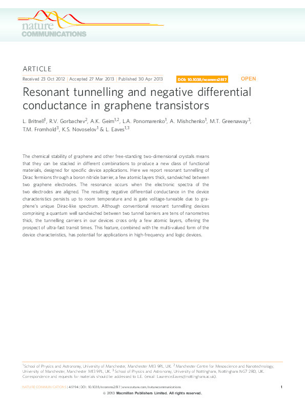 Resonant tunnelling and negative differential conductance in graphene transistors Thumbnail