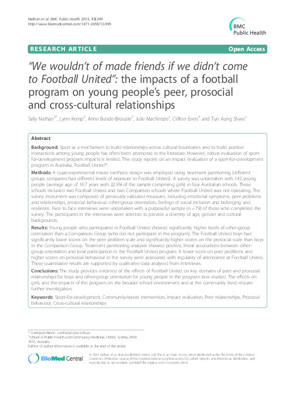 “We wouldn’t of made friends if we didn’t come to Football United”: the impacts of a football program on young people’s peer, prosocial and cross-cultural relationships Thumbnail