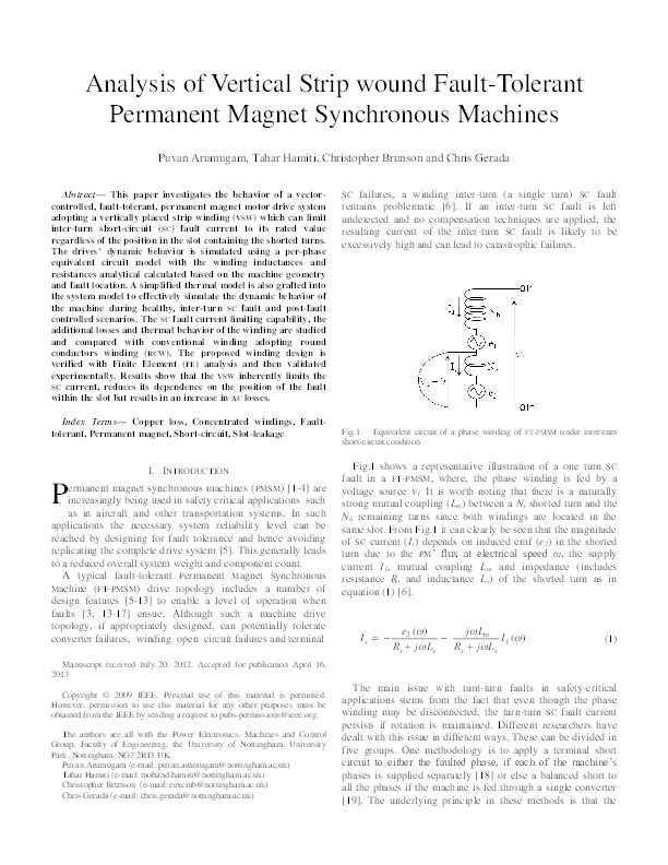 Analysis of Vertical Strip Wound Fault-Tolerant Permanent Magnet Synchronous Machines Thumbnail