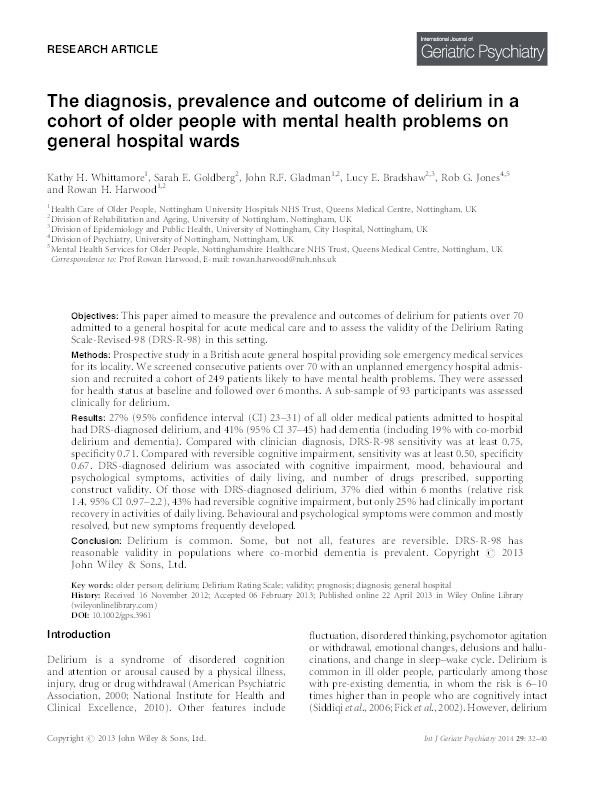The diagnosis, prevalence and outcome of delirium in a cohort of older people with mental health problems on general hospital wards Thumbnail