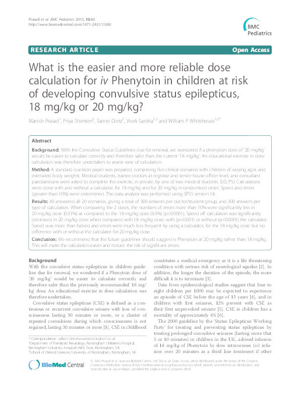 What is the easier and more reliable dose calculation for iv Phenytoin in children at risk of developing convulsive status epilepticus, 18 mg/kg or 20 mg/kg? Thumbnail