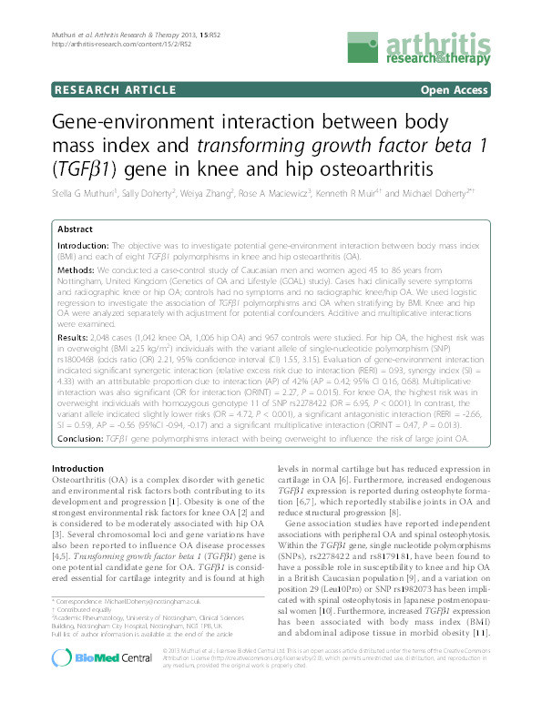 Gene-environment interaction between body mass index and transforming growth factor beta 1 (TGFβ1) gene in knee and hip osteoarthritis Thumbnail