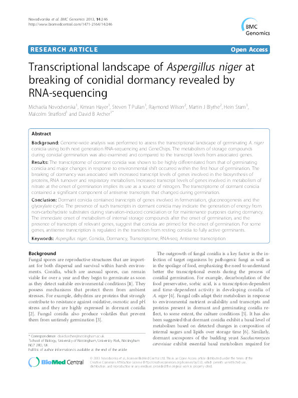Transcriptional landscape of Aspergillus niger at breaking of conidial dormancy revealed by RNA-sequencing Thumbnail
