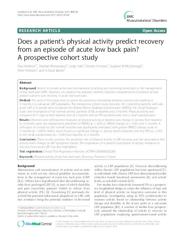Does a patient’s physical activity predict recovery from an episode of acute low back pain?: a prospective cohort study Thumbnail