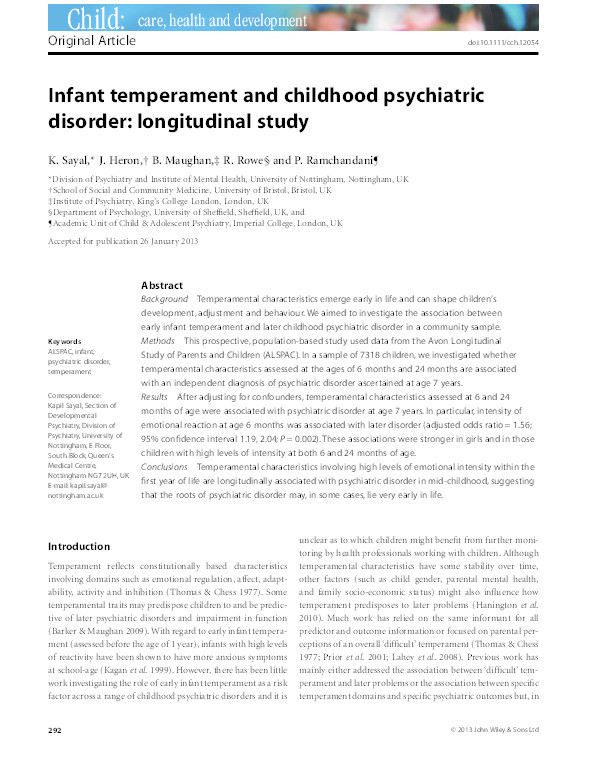 Infant temperament and childhood psychiatric disorder: longitudinal study Thumbnail