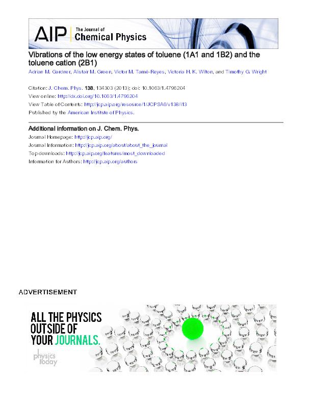 Vibrations of the low energy states of toluene (  X(1-A-1) and A(1-B-2) and the toluene cation (X+(2-B-1) Thumbnail
