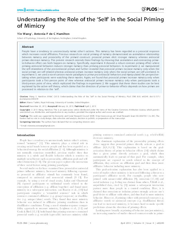 Understanding the role of the ‘self’ in the social priming of mimicry Thumbnail