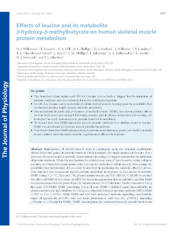Effects of leucine and its metabolite ?-hydroxy-?-methylbutyrate on human skeletal muscle protein metabolism Thumbnail