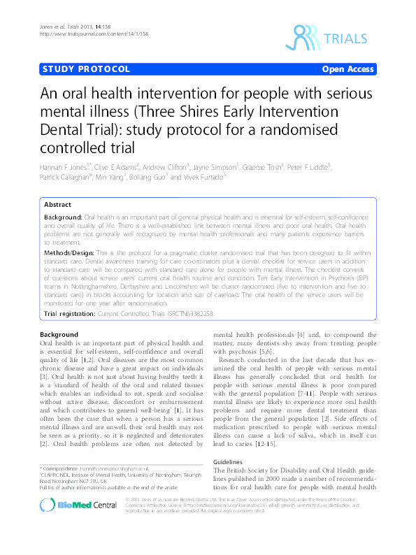 An oral health intervention for people with serious mental illness (Three Shires Early Intervention Dental Trial): study protocol for a randomised controlled trial Thumbnail