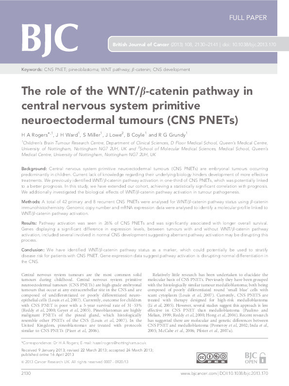 The role of the WNT/?-catenin pathway in central nervous system primitive neuroectodermal tumours (CNS PNETs) Thumbnail