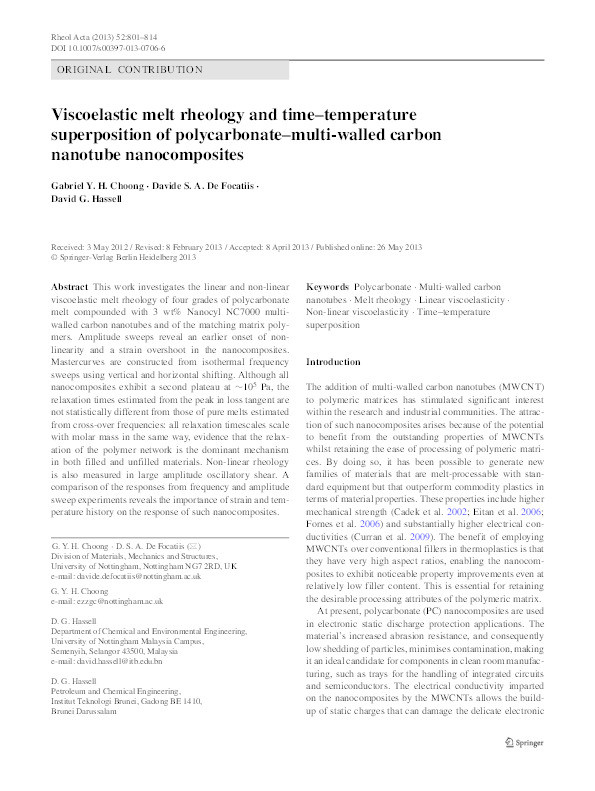 Viscoelastic melt rheology and time-temperature superposition of polycarbonate – multi-walled carbon nanotube nanocomposites Thumbnail