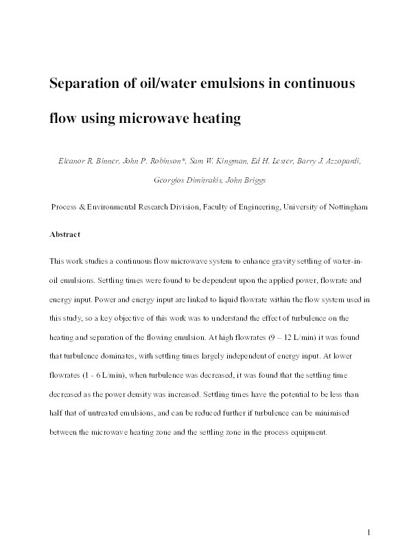 Separation of oil/water emulsions in continuous flow using microwave heating Thumbnail