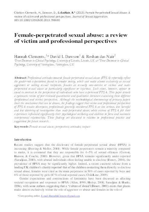 Female-perpetrated sexual abuse: a review of victim and professional perspectives Thumbnail