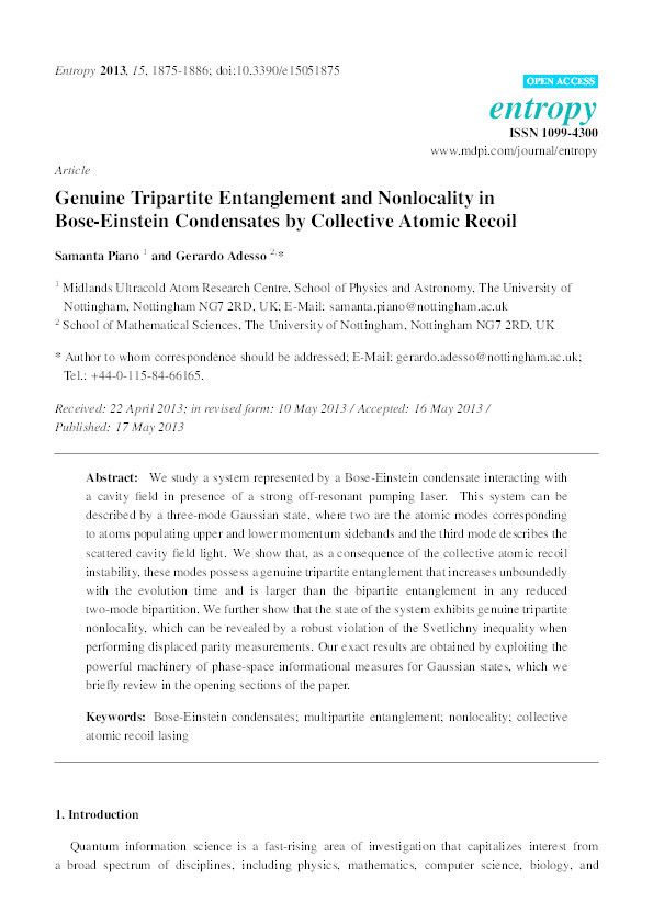 Genuine tripartite entanglement and nonlocality in Bose-Einstein condensates by collective atomic recoil Thumbnail