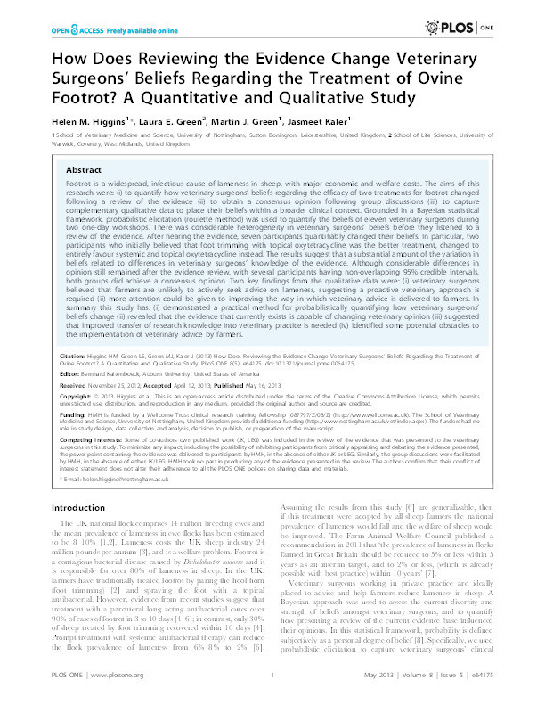 How does reviewing the evidence change veterinary surgeons’ beliefs regarding the treatment of ovine footrot?: a quantitative and qualitative study Thumbnail