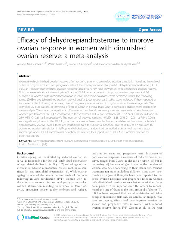 Efficacy of dehydroepiandrosterone to improve ovarian response in women with diminished ovarian reserve: a meta-analysis Thumbnail