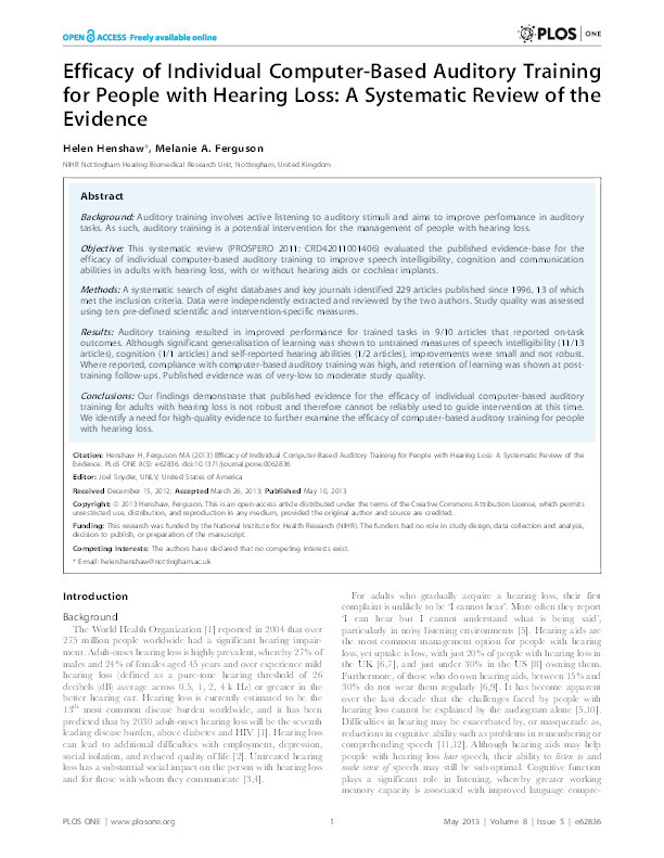 Efficacy of individual computer-based auditory training for people with hearing loss: a systematic review of the evidence Thumbnail
