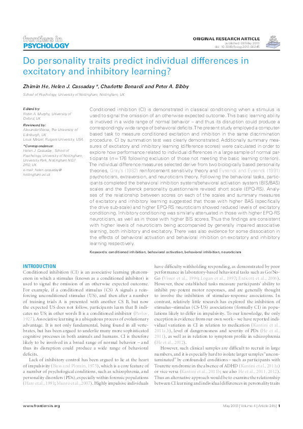 Do personality traits predict individual differences in excitatory and inhibitory learning? Thumbnail