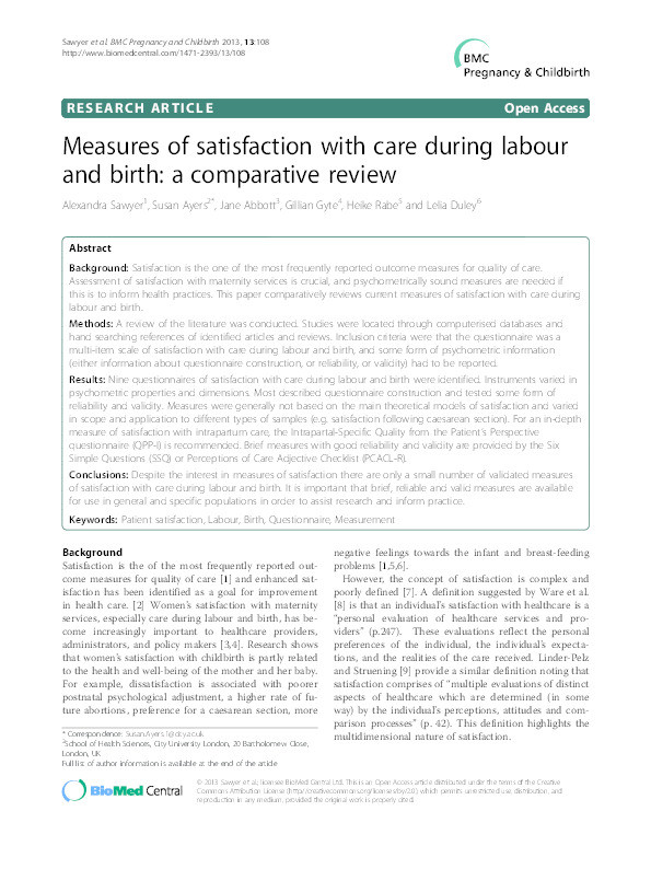 Measures of satisfaction with care during labour and birth: a comparative review Thumbnail