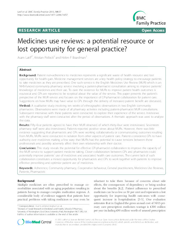 Medicines use reviews: a potential resource or lost opportunity for general practice? Thumbnail
