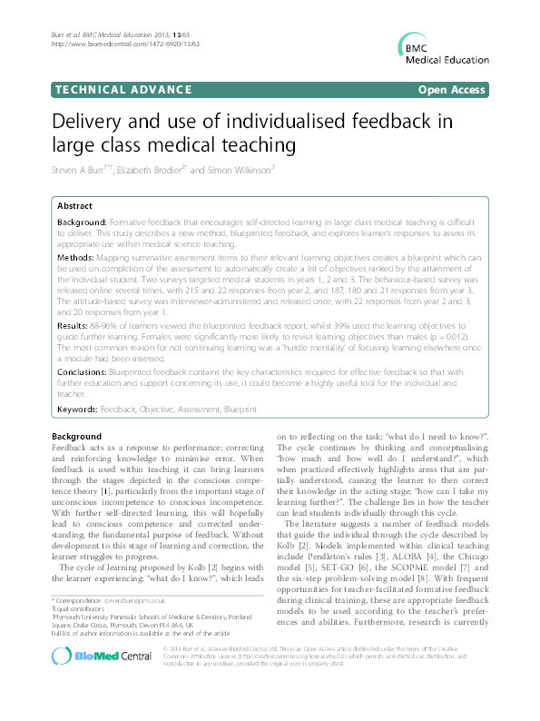 Delivery and use of individualised feedback in large class medical teaching Thumbnail