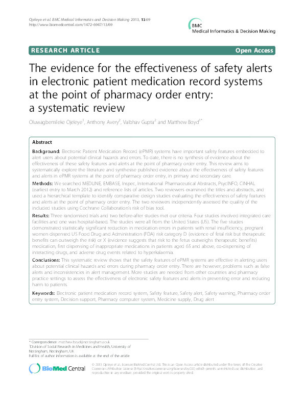 The evidence for the effectiveness of safety alerts in electronic patient medication record systems at the point of pharmacy order entry: a systematic review Thumbnail