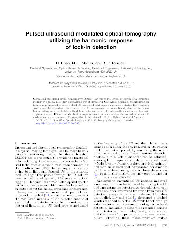 Pulsed ultrasound modulated optical tomography utilizing the harmonic response of lock-in detection Thumbnail