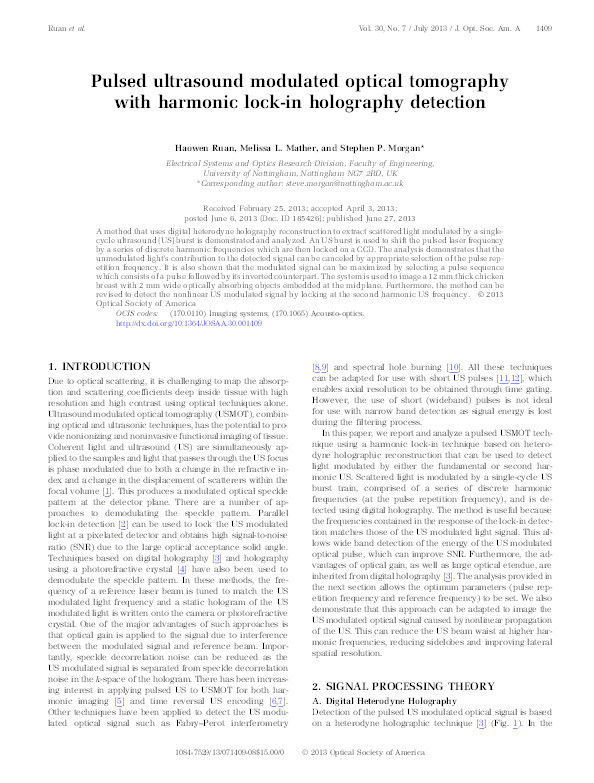 Pulsed ultrasound modulated optical tomography with harmonic lock-in holography detection Thumbnail