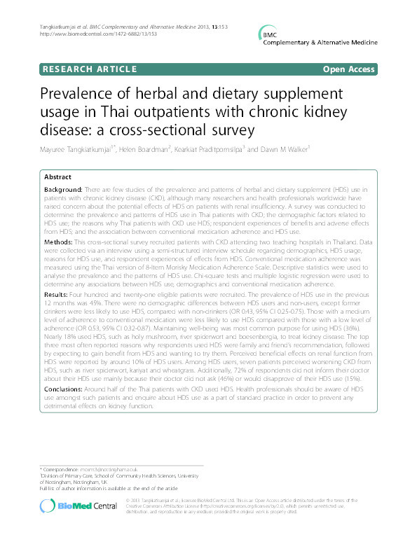 Prevalence of herbal and dietary supplement usage in Thai outpatients with chronic kidney disease: a cross-sectional survey Thumbnail