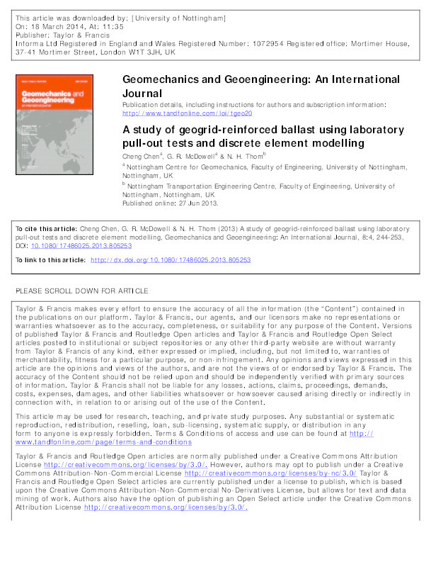 A study of geogrid-reinforced ballast using laboratory pull-out tests and discrete element modelling Thumbnail