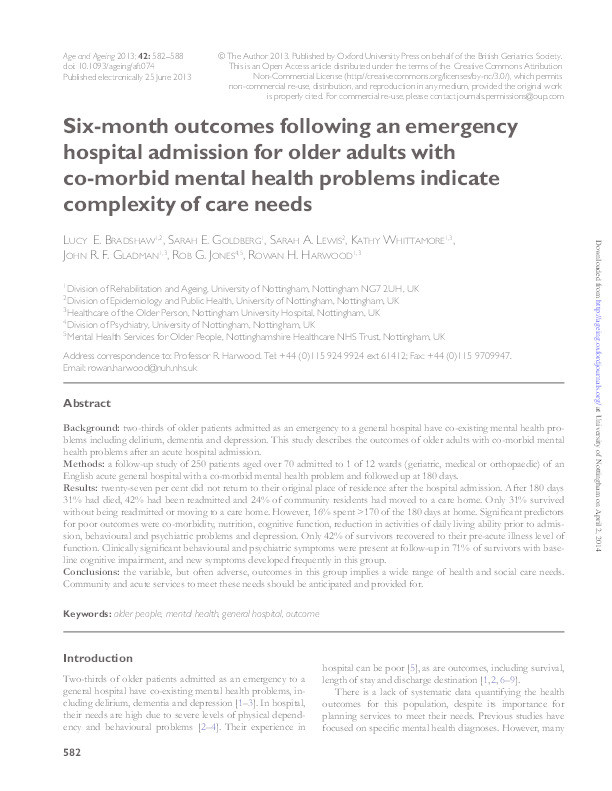 Six-month outcomes following an emergency hospital admission for older adults with co-morbid mental health problems indicate complexity of care needs Thumbnail