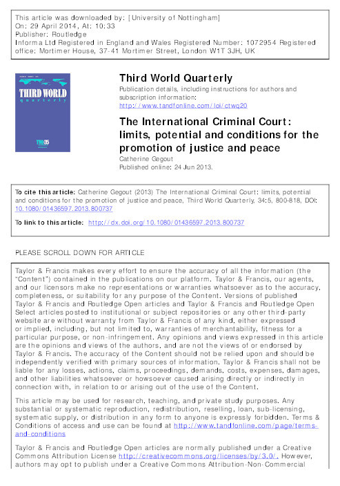The International Criminal Court: limits, potential and conditions for the promotion of justice and peace Thumbnail