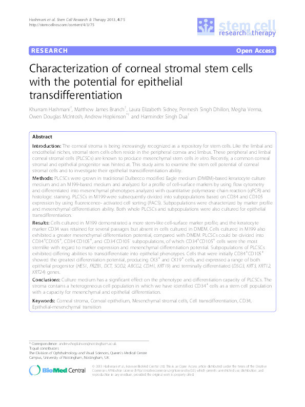 Characterization of corneal stromal stem cells with the potential for epithelial transdifferentiation Thumbnail