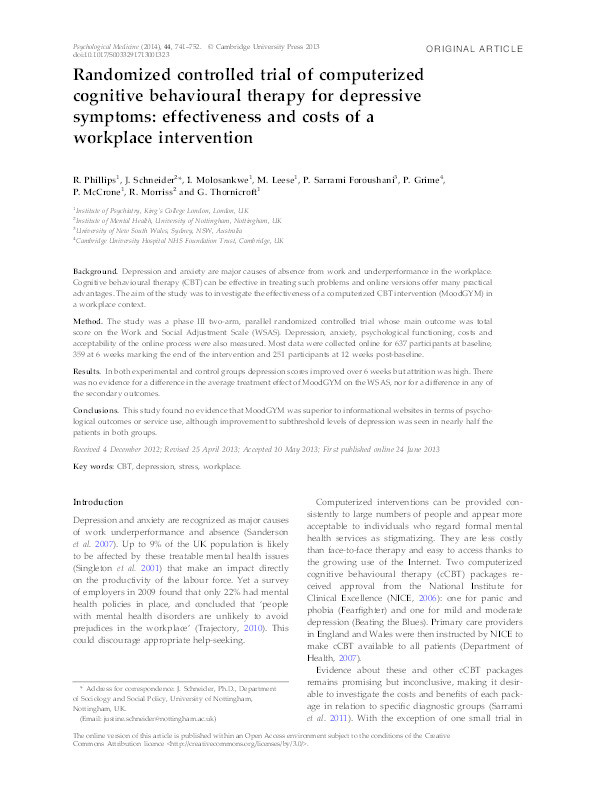 Randomized controlled trial of computerized cognitive behavioural therapy for depressive symptoms: effectiveness and costs of a workplace intervention Thumbnail