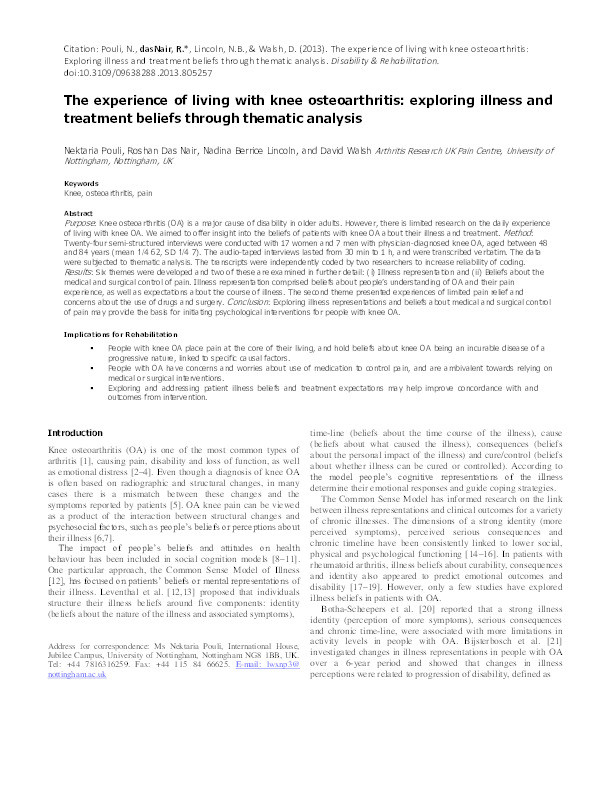 The experience of living with knee osteoarthritis: exploring illness and treatment beliefs through thematic analysis Thumbnail