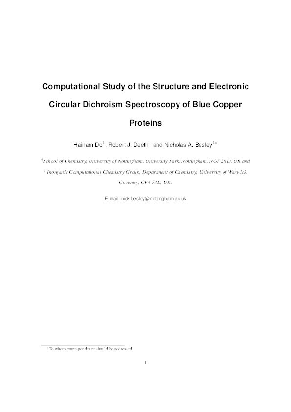 Computational study of the structure and electronic circular dichroism spectroscopy of blue copper proteins Thumbnail