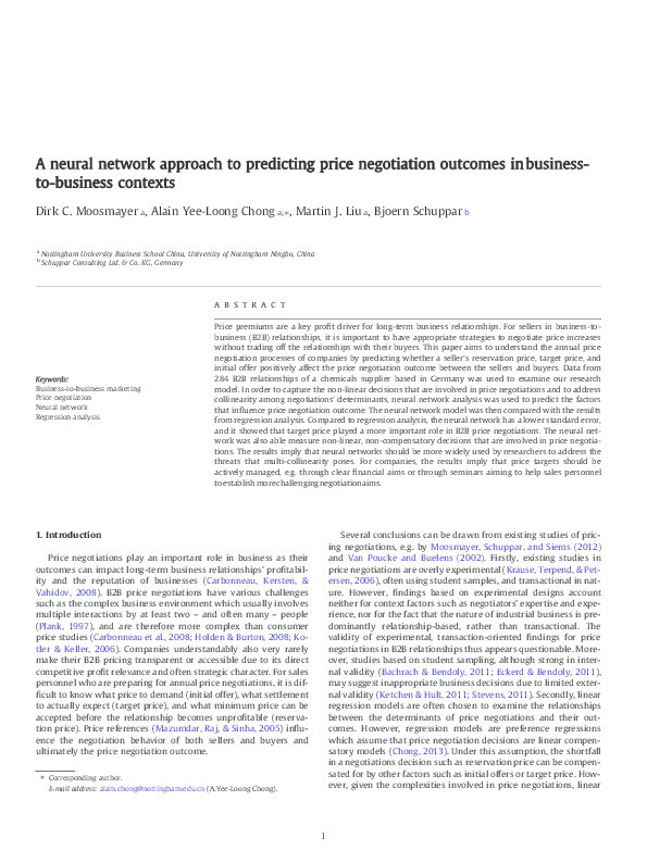 A neural network approach to predicting price negotiation outcomes in business-to-business contexts Thumbnail
