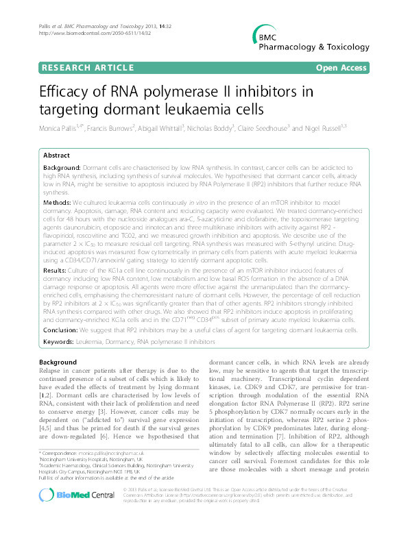Efficacy of RNA polymerase II inhibitors in targeting dormant leukaemia cells Thumbnail