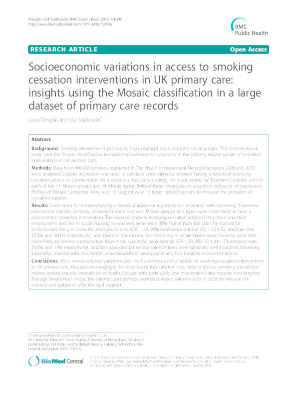 Socioeconomic variations in access to smoking cessation interventions in UK primary care: insights using the Mosaic classification in a large dataset of primary care records Thumbnail