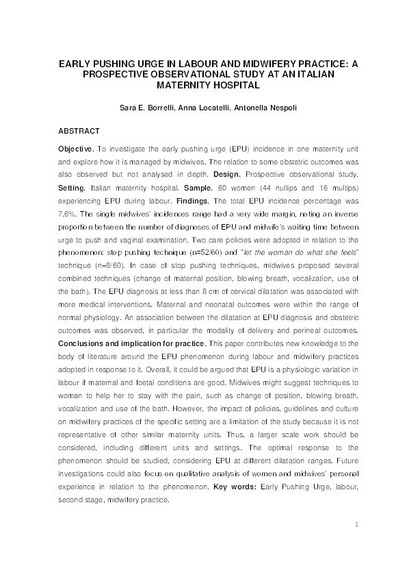 Early pushing urge in labour and midwifery practice: A prospective observational study at an Italian maternity hospital Thumbnail