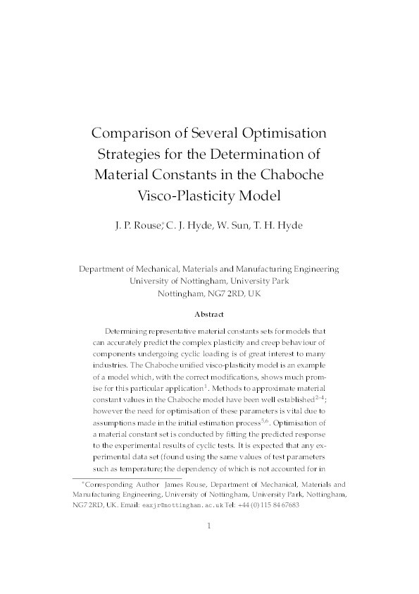 Comparison of several optimisation strategies for the determination of material constants in the Chaboche visco-plasticity model Thumbnail