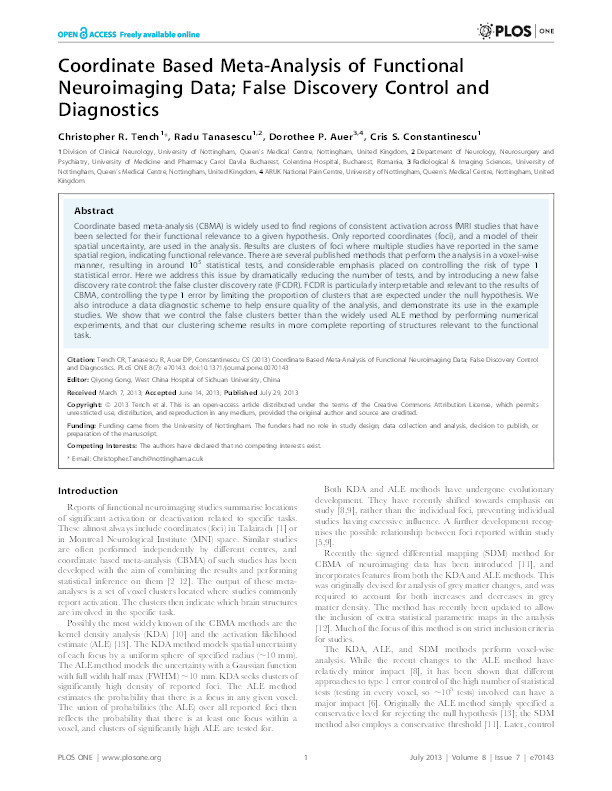 Coordinate based meta-analysis of functional neuroimaging data: false discovery control and diagnostics Thumbnail