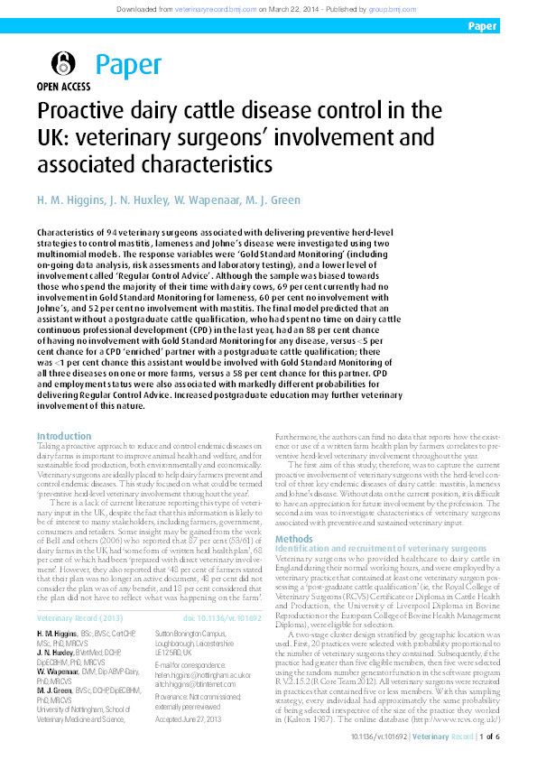 Proactive dairy cattle disease control in the UK: veterinary surgeons' involvement and associated characteristics Thumbnail