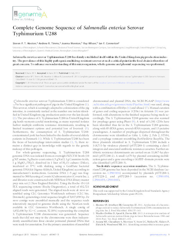 Complete genome sequence of Salmonella enterica serovar Typhimurium U288 Thumbnail
