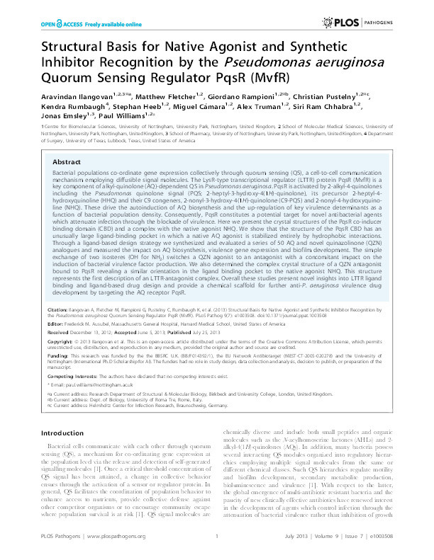 Structural basis for native agonist and synthetic inhibitor recognition by the Pseudomonas aeruginosa quorum sensing regulator PqsR (MvfR) Thumbnail