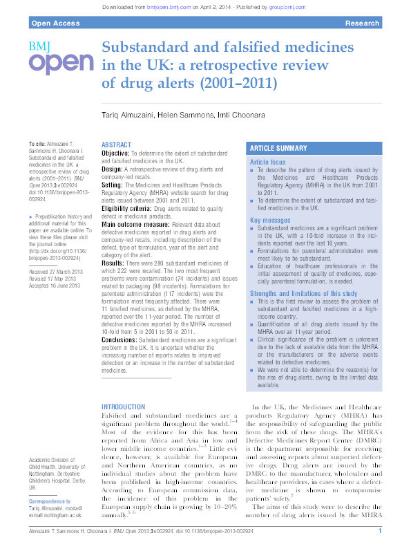 Substandard and falsified medicines in the UK: a retrospective review of drug alerts (2001-2011) Thumbnail