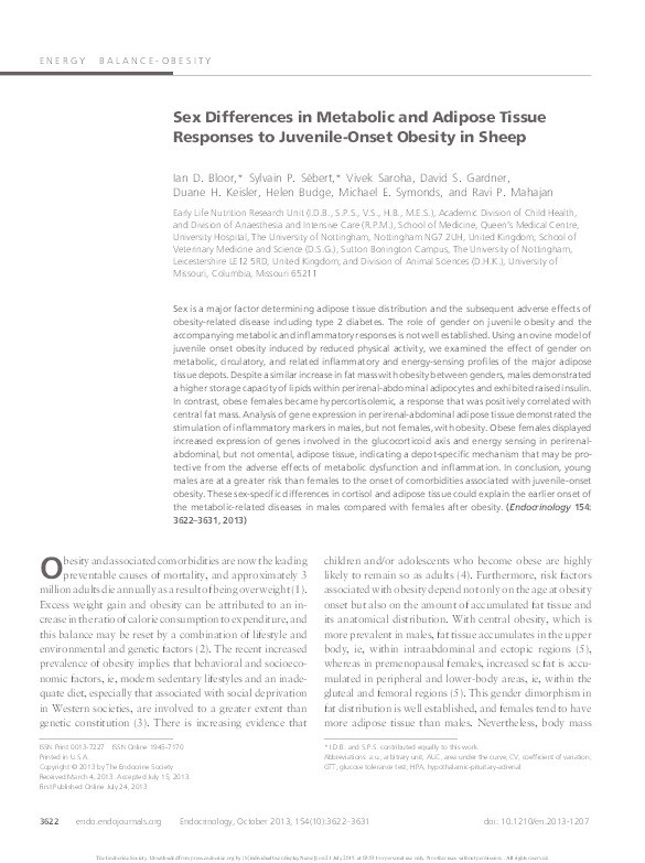 Sex differences in metabolic and adipose tissue responses to juvenile-onset obesity in sheep Thumbnail