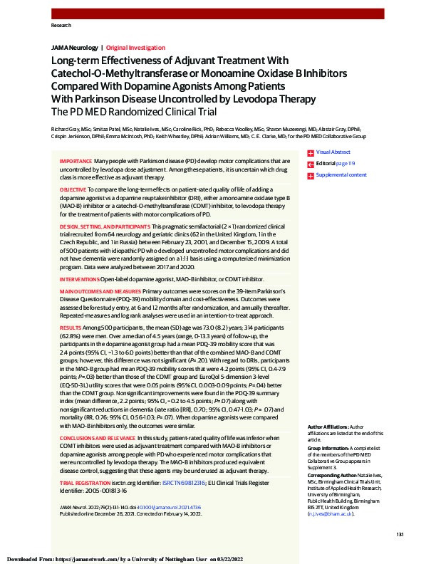 Long-term Effectiveness of Adjuvant Treatment with Catechol-O-Methyltransferase or Monoamine Oxidase B Inhibitors Compared with Dopamine Agonists among Patients with Parkinson Disease Uncontrolled by Levodopa Therapy: The PD MED Randomized Clinical Trial Thumbnail