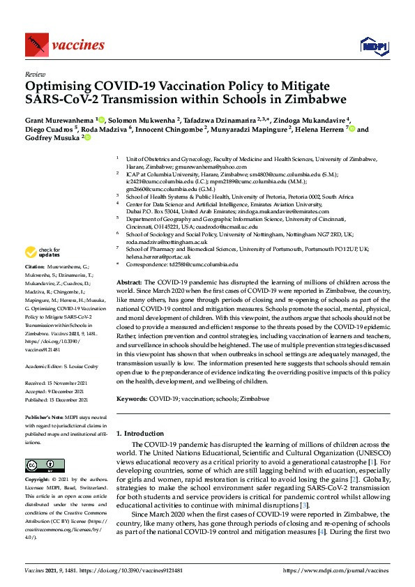 Optimising COVID-19 Vaccination Policy to Mitigate SARS-CoV-2 Transmission within Schools in Zimbabwe Thumbnail